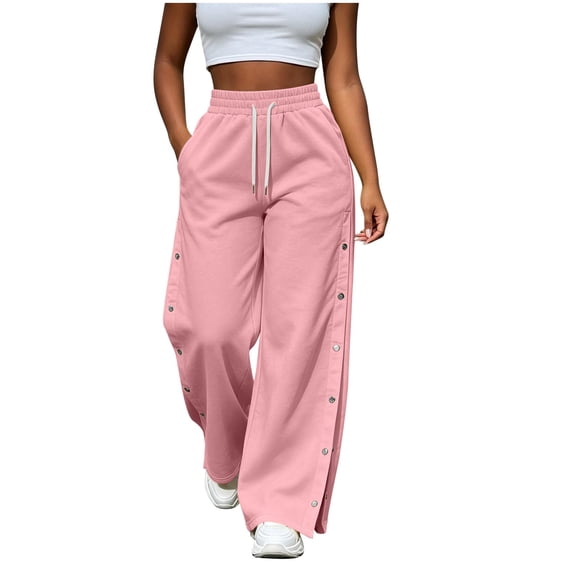 JIAYUE Women's Pants Casual Solid Color Drawstring With Pockets Button Design And Side Slit Long Sweatpants For Daily Relaxed Fit Lightweight Breathable Wear