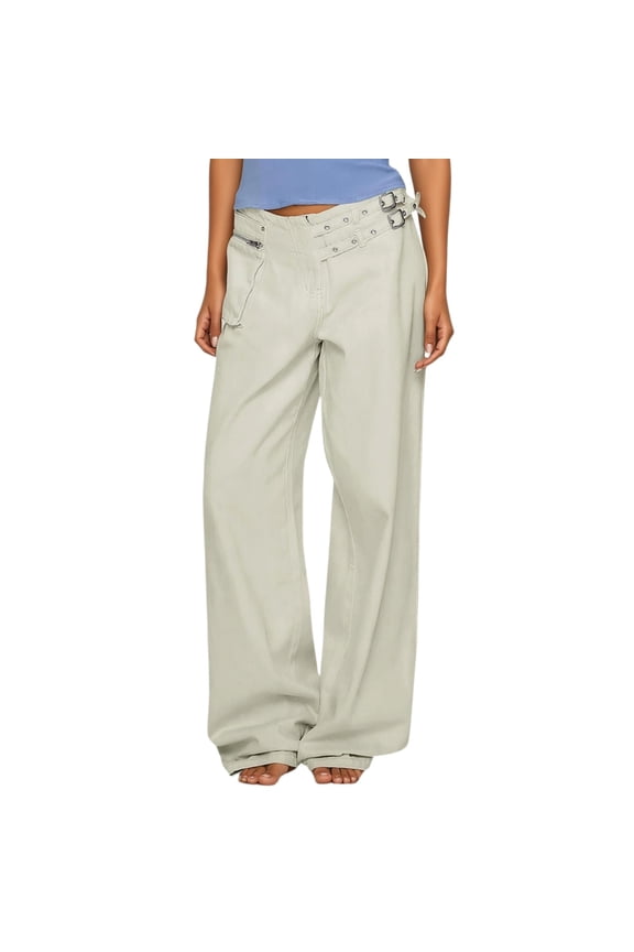 Women's Pants Floor-Length Dark Edge Wide Leg Denim With Asymmetric Pockets And Distinctive Belt Buckle For Everyday Jeans With Casual Bottoms For Women