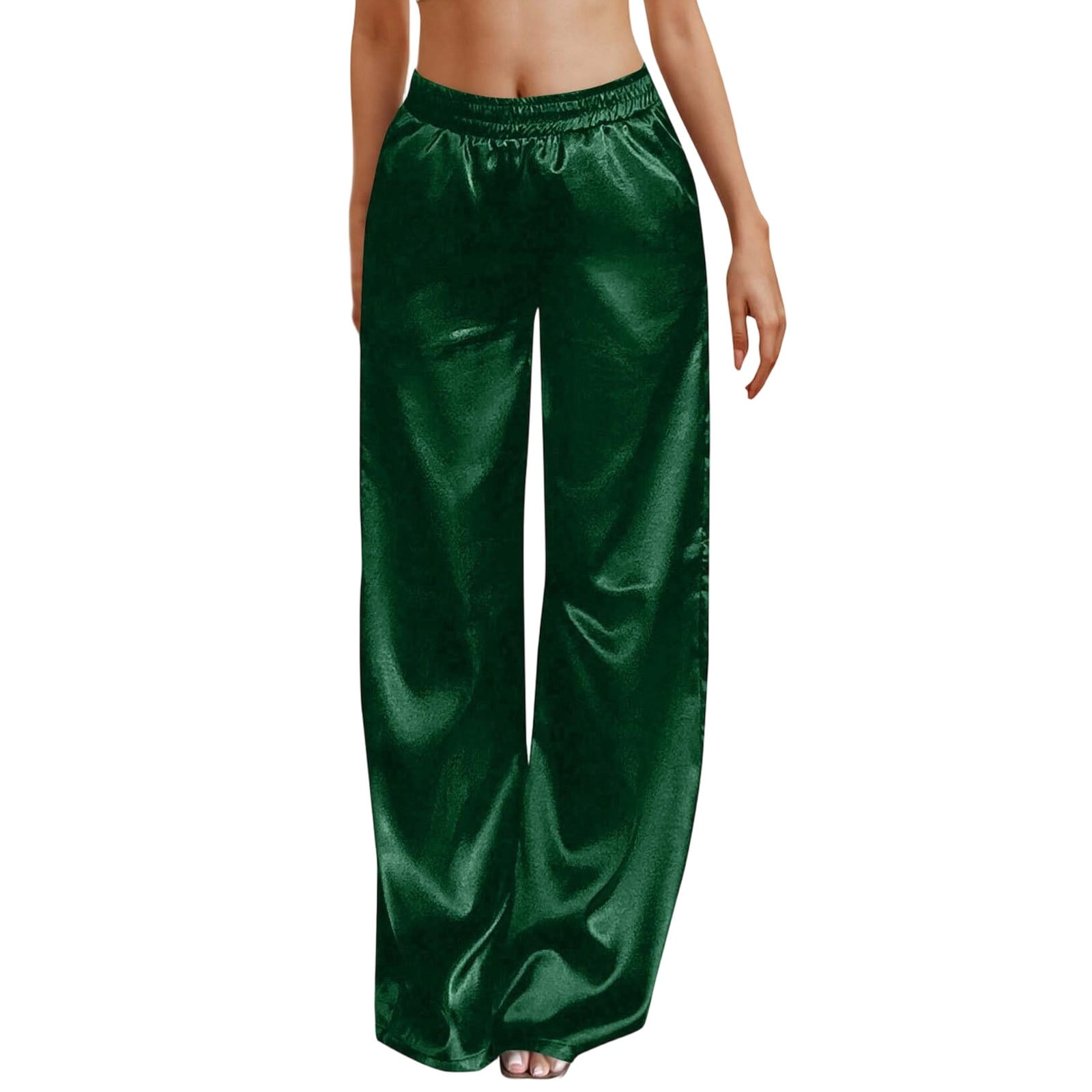 JIAYUE Women's Pants Floor-Length Satin Elastic Waist Wide Leg Trousers ...