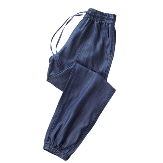 JIAYUE Women's Pants Summer High Waist Loose Fit Ankle-Tied Comfortable Stretchy Silk Feel Jeans Trendy Bottoms For Women