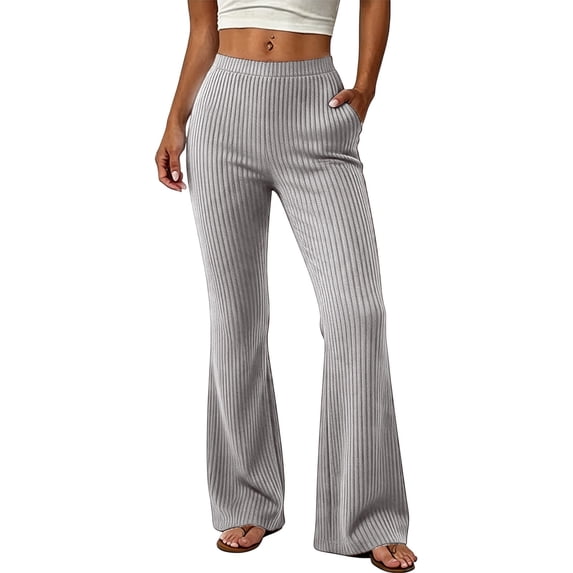 JIAYUE Women's Ribbed Wide Leg Pants Elastic Waist Solid Color Knit Flared Straight Trousers for City Shopping