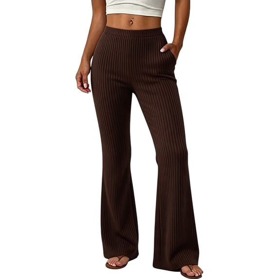 JIAYUE Women's Ribbed Wide Leg Pants Elastic Waist Solid Color Knit Flared Straight Trousers for Gathering Wear