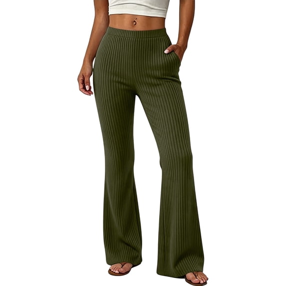 JIAYUE Women's Ribbed Wide Leg Pants Elastic Waist Solid Color Knit Flared Straight Trousers for Street Walking