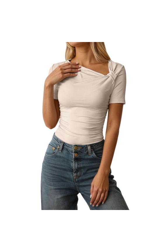 Women's Shirts Elegant Short Sleeve Solid Color Fitted Crewneck For Summer Casual Wear With Modern Design Female Trendy Tops