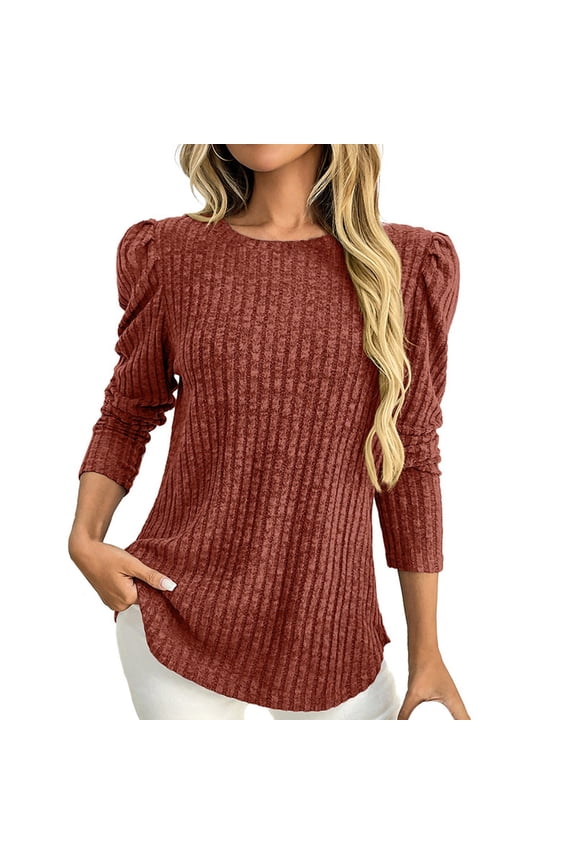 Women's Shirts Round Neck Puffed Long Sleeve Ribbed Solid Color Clothes For Daily Wear Ladies Breathbale Versatile Tops