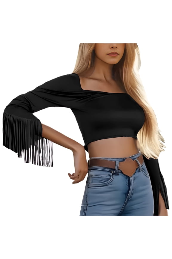 Women's Shirts Tassels Square Collar Fringe Detail Three Quarter Sleeve Solid Color Fitted Casual Tee For Ladies Fashion Female Trendy Tops