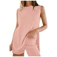 thumbnail image 1 of JIAYUE Women's Summer 2 Piece Outfit Sets Sleeveless Side Slit Knit Round Neck Tunic Top And Casual Shorts Solid Color Beach Everyday Cozy Clothing Set, 1 of 9