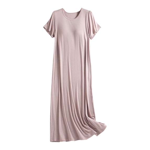 JIAYUE Women's Summer Dresses With Built In Bra O-Neck Short Sleeve Knee Length Pure Color Loungewear Casual Loose Soft Comfy T-Shirt Dress