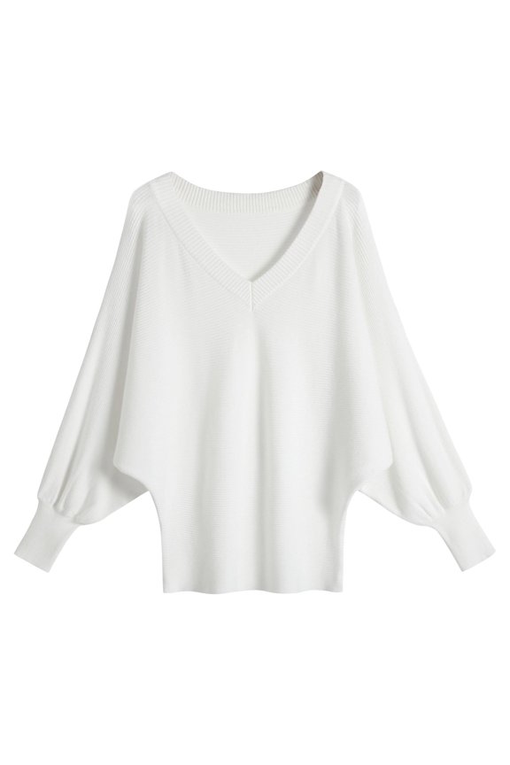 Women's Sweater Solid Color Long Sleeve Batwing Deep V Neck Loose Fitting Oversized Pullover Female Classic Tops