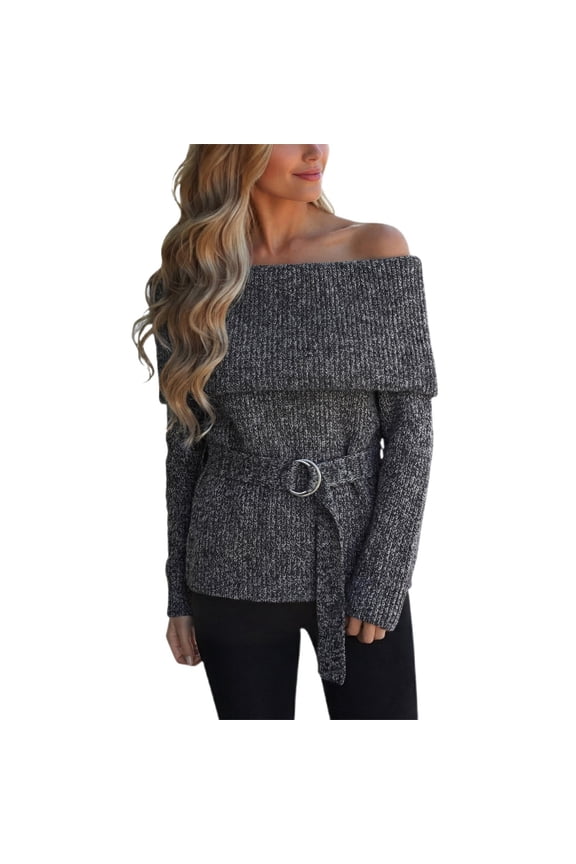 Women's Sweater Solid Color Long Sleeve Slash Neck French Design Off Shoulder Knit Belted Pullover Elegant Casual Wear Soft Comfortable Yarn For Daily Outings And Female Versatile Tops