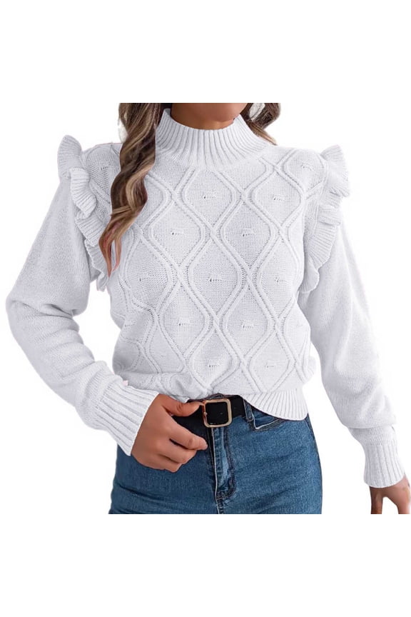 Women's Sweater Solid Color Ruffles For Daily Wear Spring Fall Turtleneck Long Sleeve Pullover Casual Female Classic Tops