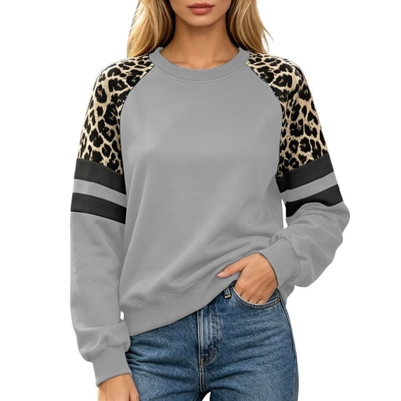 JIAYUE Women's Sweatshirt Crew Neck Long Sleeves Leopard Color Block Sleeve Stripe Detail Pullover Top for Fall Festival