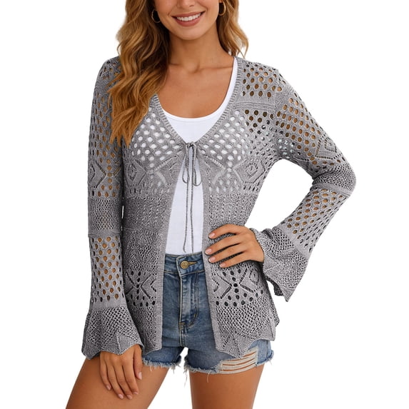 JIAYUE Women's Swimsuit Cover-Ups Solid Color Long Sleeve V Neck Lace Up Knit Scalloped Beach Hollow Cardigan Comfortable Swimwear Cover Up Top