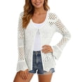 thumbnail image 1 of JIAYUE Women's Swimsuit Cover-Ups Solid Color Long Sleeve V Neck Lace Up Knit Scalloped Beach Hollow Cardigan Comfortable Swimwear Cover Up Top, 1 of 6