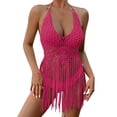 thumbnail image 1 of JIAYUE Women's Swimwear Cover-Ups Beach Vacation Halter Neck Above Knee Solid Color Sleeveless Sexy Crocheted Strap Hollow Long Tassel Bikini Cover Up Cropped Dresses, 1 of 7