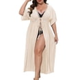 thumbnail image 1 of JIAYUE Women's Swimwear Cover-Ups Half Sleeve V Neck Hollow Lace Up Plus Size Pleated Solid Color Ankle Length Bathing Suit Cover Up Dresses, 1 of 6