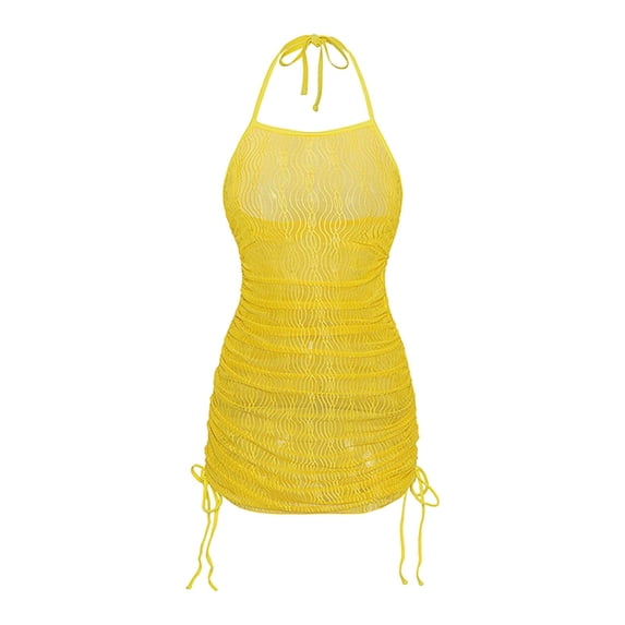 JIAYUE Women's Swimwear Cover-Ups Halter Neck Above Knee Solid Color With Drawstring Pleated Hollow Cozy Beach Mesh Swimsuit Cover Up Dresses