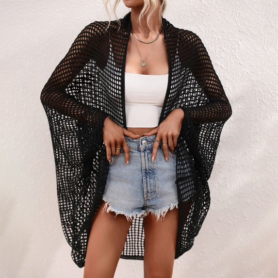 JIAYUE Women's Swimwear Cover-Ups V Neck Beach Loose Open Front Above Knee Batwing Long Sleeve Lightweight Solid Color Cardigan Bikini Bathing Suit Cover Up Top
