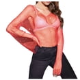 thumbnail image 1 of JIAYUE Women's Swimwear Cover-Ups V Neck Mesh Rhinestone Long Sleeve Hollow Lightweight Cozy Solid Color Crop Sparkly Swimsuit Cover Up Top, 1 of 4
