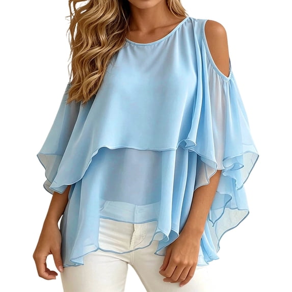 JIAYUE Women's T Shirt Crew Neck Off-shoulder Layered Ruffle Chiffon Tees Flowy Short Sleeve Sheer Casual Tops Spring Summer Loose Fit Shirts For Party Daily Vacation Wear