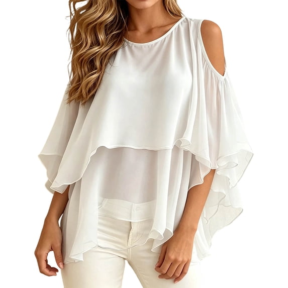 JIAYUE Women's T Shirt Crew Neck Off-shoulder Layered Ruffle Chiffon Tees Flowy Short Sleeve Sheer Casual Tops Spring Summer Loose Fit Shirts For Party Daily Vacation For Female Wear