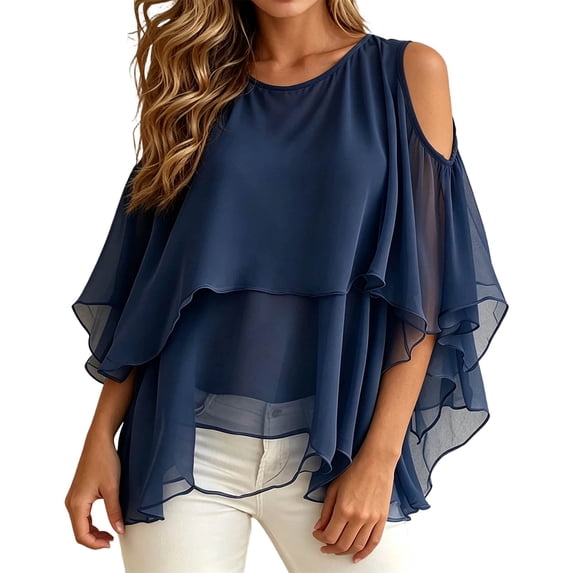 JIAYUE Women's T Shirt Crew Neck Off-shoulder Layered Ruffle Chiffon Tees Flowy Short Sleeve Sheer Casual Tops Spring Summer Loose Fit Shirts For Party Daily Vacation For Female Wear