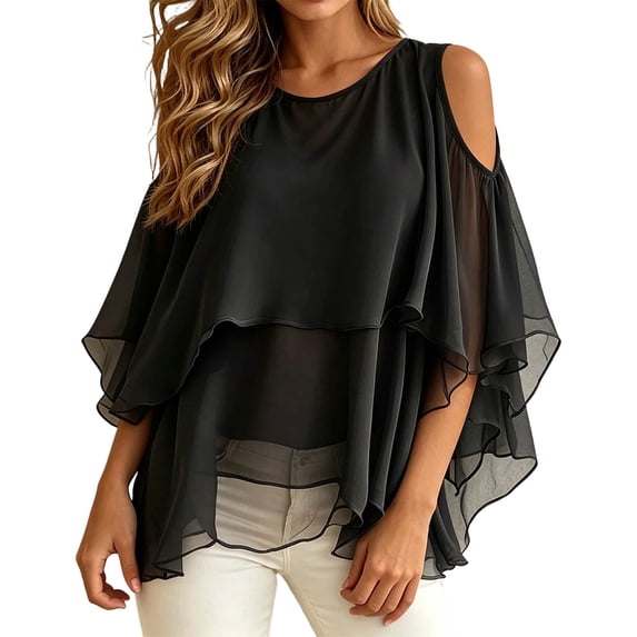 JIAYUE Women's T Shirt Crew Neck Off-shoulder Layered Ruffle Chiffon Tees Flowy Short Sleeve Sheer Casual Tops Spring Summer Loose Fit Shirts For Party Daily Vacation