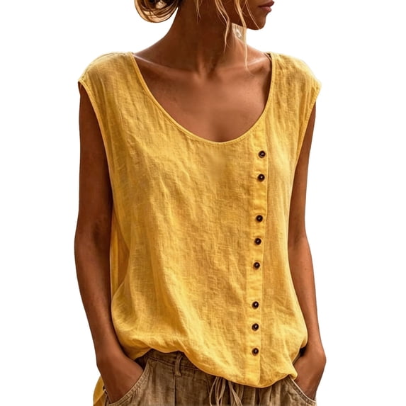 JIAYUE Women's T Shirt Fashion U Neck Solid Color Linen Sleeveless Tank Tops Buttons Casual Loose Fit Summer Breathable Lightweight Vest For Daily Vacation Wear