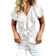 thumbnail image 1 of JIAYUE Women's T Shirt Stylish V Neck Ruffle Short Sleeve Button Down Tees Solid Color Casual Flutter Sleeve Tunic Shirts For Office Daily Wear And Outdoor Tops, 1 of 4