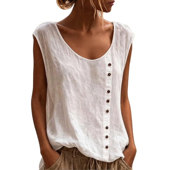 JIAYUE Women's T Shirt U Neck Solid Color Linen Sleeveless Tank Tops Buttons Casual Loose Fit Summer Breathable Lightweight Vest For Daily Vacation Wear