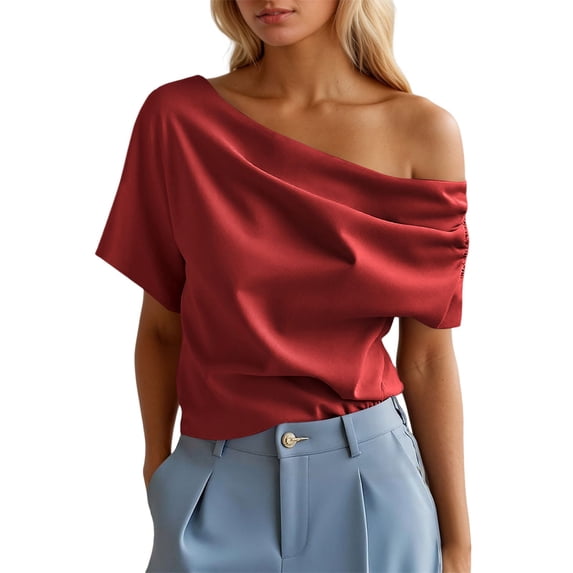 JIAYUE Women's T-Shirts Basic Off The Shoulder Ruffle Short Sleeve Solid Color Blouse For Daily Wear Vacation Outfit All Season Casual Comfortable Tee Versatile Ladies Tops