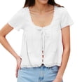thumbnail image 1 of JIAYUE Women's T-Shirts For Casual And Vacation Wear Short Sleeve Solid Color Scoop Neck With Lace Hollow Out Detail And Bow Tie Design Leisure Female Tops, 1 of 6
