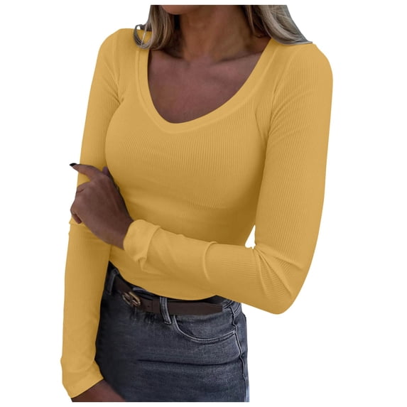 JIAYUE Women's T-Shirts Long Sleeve Solid Color V Neck Slim Fit Basic Casual Ribbed Thermal Under Tee Classic Female Tops
