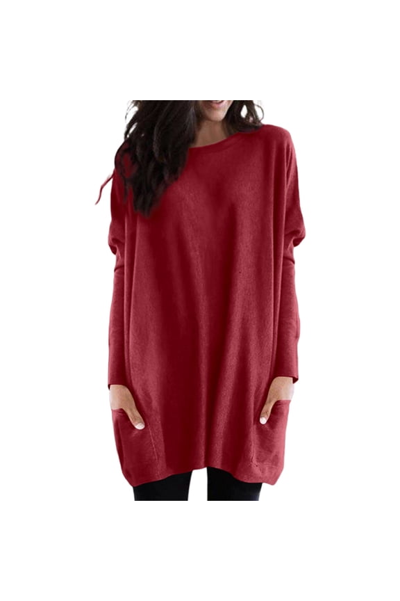 Women's T-Shirts O-Neck Autumn Winter Fashion Loose Fit Pocket Puff Long Sleeve Solid Color Leisure Female Tops