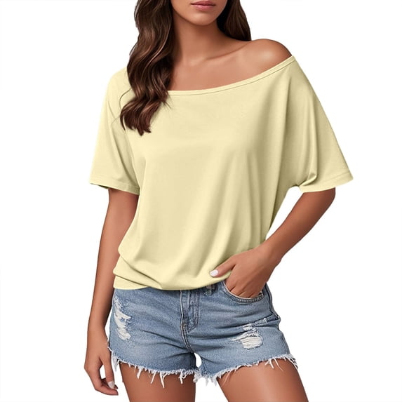 JIAYUE Women's T-Shirts Short Sleeve Off Shoulder Casual Solid Color For Everyday Wear Comfortable For Spring Summer Classic Female Tops