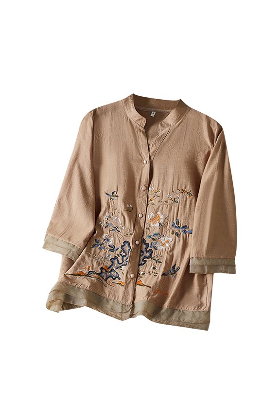 Women's T-Shirts Three Quarter Sleeve Solid Color Summer V-Neck Embroidery Cardigan Retro Art Heavy Industry Leisure Female Tops