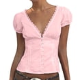 thumbnail image 1 of JIAYUE Women's T-Shirts V Neck Lace Trim Summer Puff Short Sleeve Button Blouse Daily Wear Comfortable Classic Pure Color Female Versatile Top, 1 of 9