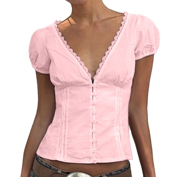 JIAYUE Women's T-Shirts V Neck Lace Trim Summer Puff Short Sleeve Button Blouse Daily Wear Comfortable Classic Pure Color Female Versatile Top