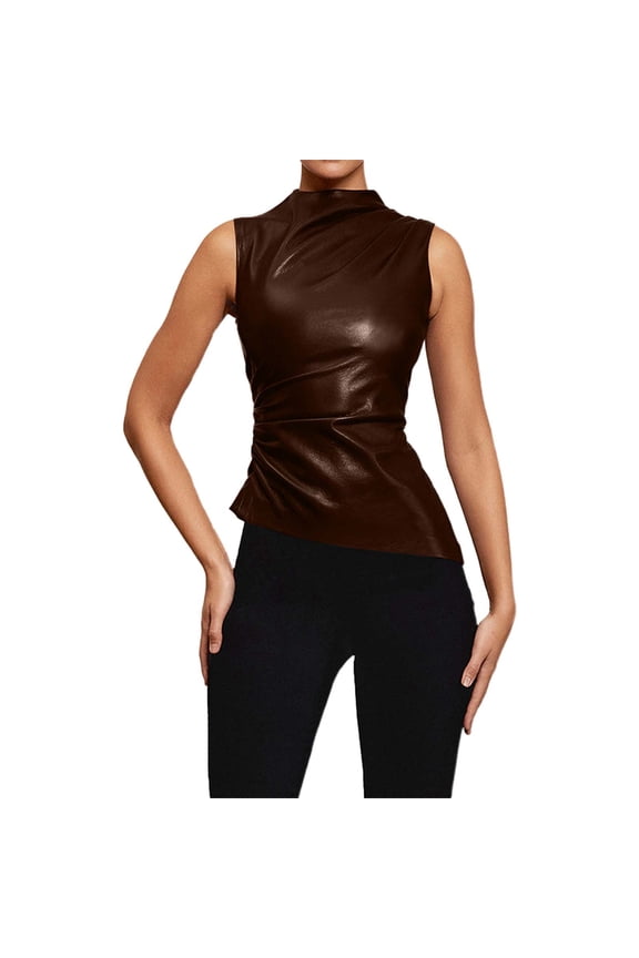 Women's Tank Tops Solid Color Leather Peplum Waist Turtleneck Sleeveless Asymmetrical Design Slim Fit Female Spring Summer Vest
