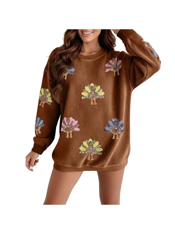 Women's Thanksgiving Sweatshirt Turkey Print Crew Neck Long Sleeve Drop‑Shoulder Pullover Top for Party Activity