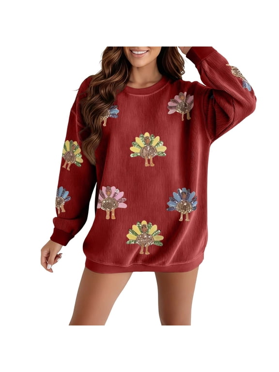 Women's Thanksgiving Sweatshirt Turkey Print Crew Neck Long Sleeve Drop‑Shoulder Pullover Top for Sports Daily Walking