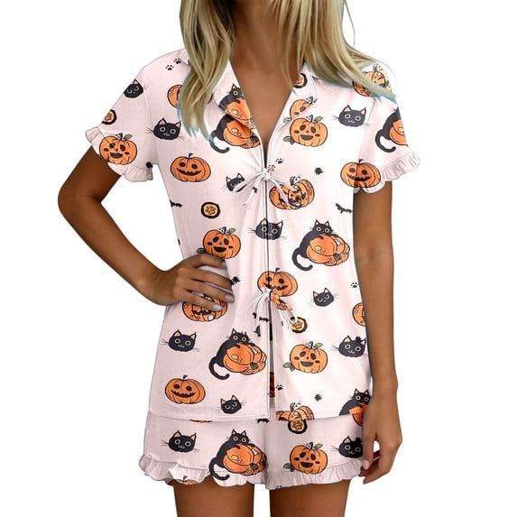 JIAYUE Women's Two Piece Pajama Set Soft Breathable Loungewear With Halloween Cute Print Notch Collar Button Short Sleeve Tops With Elastic Shorts Cozy Sleepwear Indoor Rest