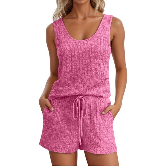 JIAYUE Women's Two Piece Set Casual Scoop Neck Sleeveless Tank Top And Shorts With Pocket Drawstring Solid Color Comfortable Summer Outfit Sets
