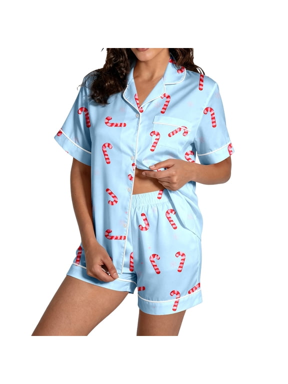 Womens 2‑Piece Christmas Pajamas Sets Buttons Notch Collar Short Sleeve Shirt & Shorts Sleep Pjs For Indoor Rest