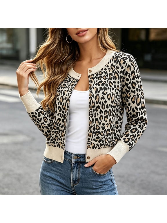 Womens Cardigan Cozy Crew Neck Long Sleeve Leopard Print Button Down Loose Knit Sweater For Fall Baggy Wear