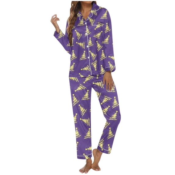 JIAYUE Womens Christmas Pjs 2‑Piece Set Notch Collar Button‑Down Long Sleeve Top & Pants Xmas Print Pajama For Loose Fir Wear ,Size,XL