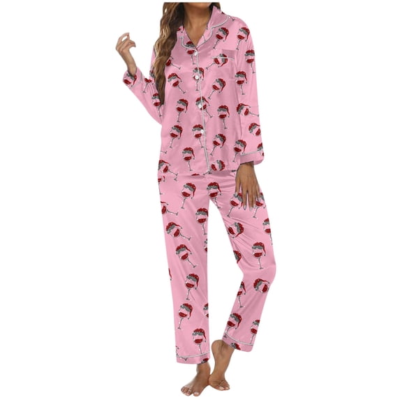 JIAYUE Womens Christmas Sleepwear 2‑Piece Set Notch Collar Button‑Down Long Sleeve Top & Pants Xmas Print Pajama For Fall Themed Party