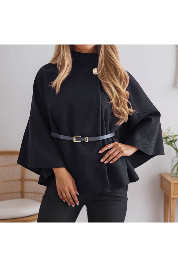 Womens Fall Winter Outerwear Cloak Solid Color Long Sleeve Relaxed Fit Pull-On Poncho with Belt For Ladies Elegant Tops