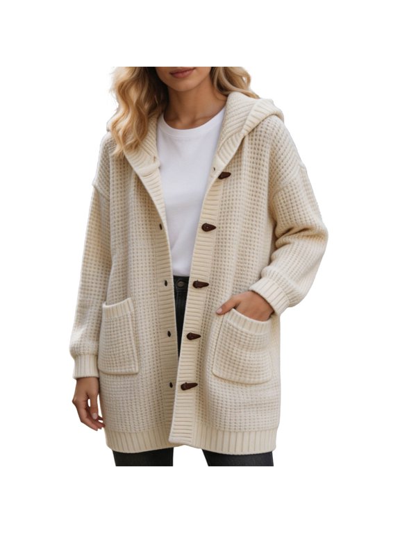 Womens Knit Sweater Coat Cozy Hooded V Neck Long Sleeve Solid Color Horn Toggle Closure Long Cardigan For Outdoor Walking