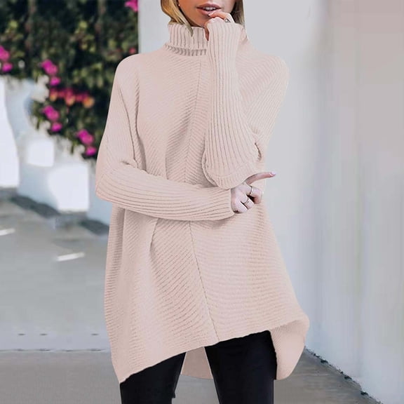 JIAYUE Womens Knit Sweater Solid Color Long Sleeve Drop Shoulder Turtleneck Relaxed Fit Pullover For Women Everyday Style